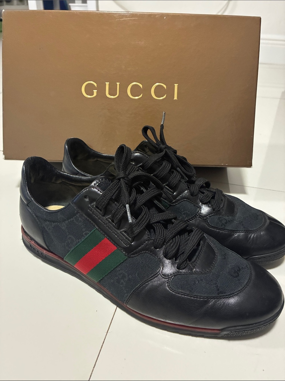 Gucci Mens Black GG Canvas Leather Web Stripe Sneaker Size 9.5G US 10.5 Authenti